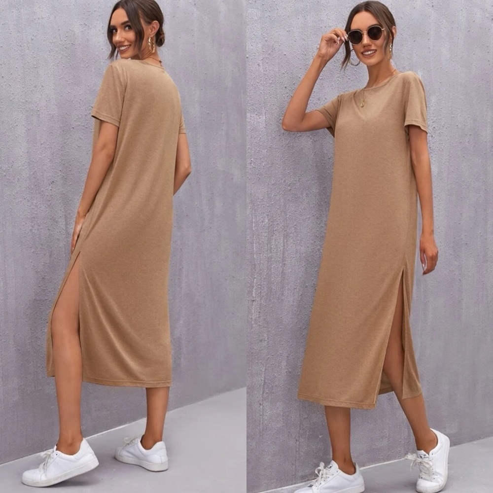 Short sleeve midi length slit tee dress casual boho black - Picture 8 of 10